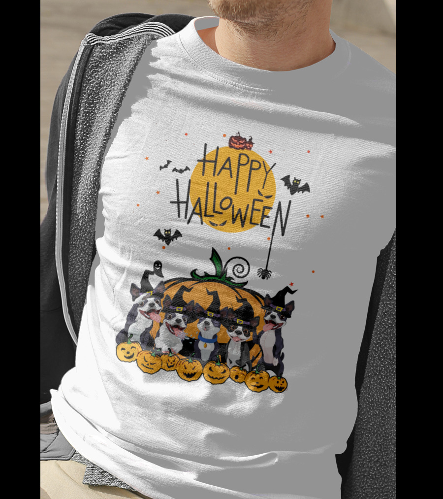 Happy Halloween Boston Terrier Pumpkin Bat T-Shirt