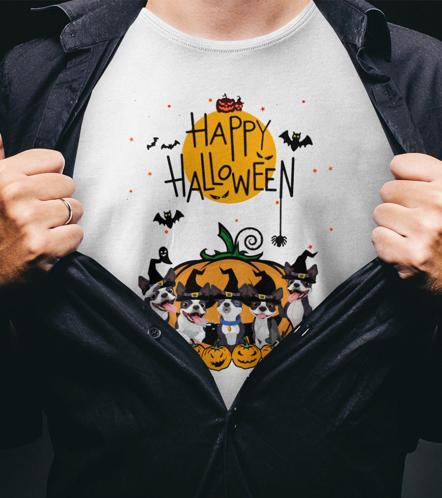 Happy Halloween Boston Terrier Pumpkin Bat T-Shirt
