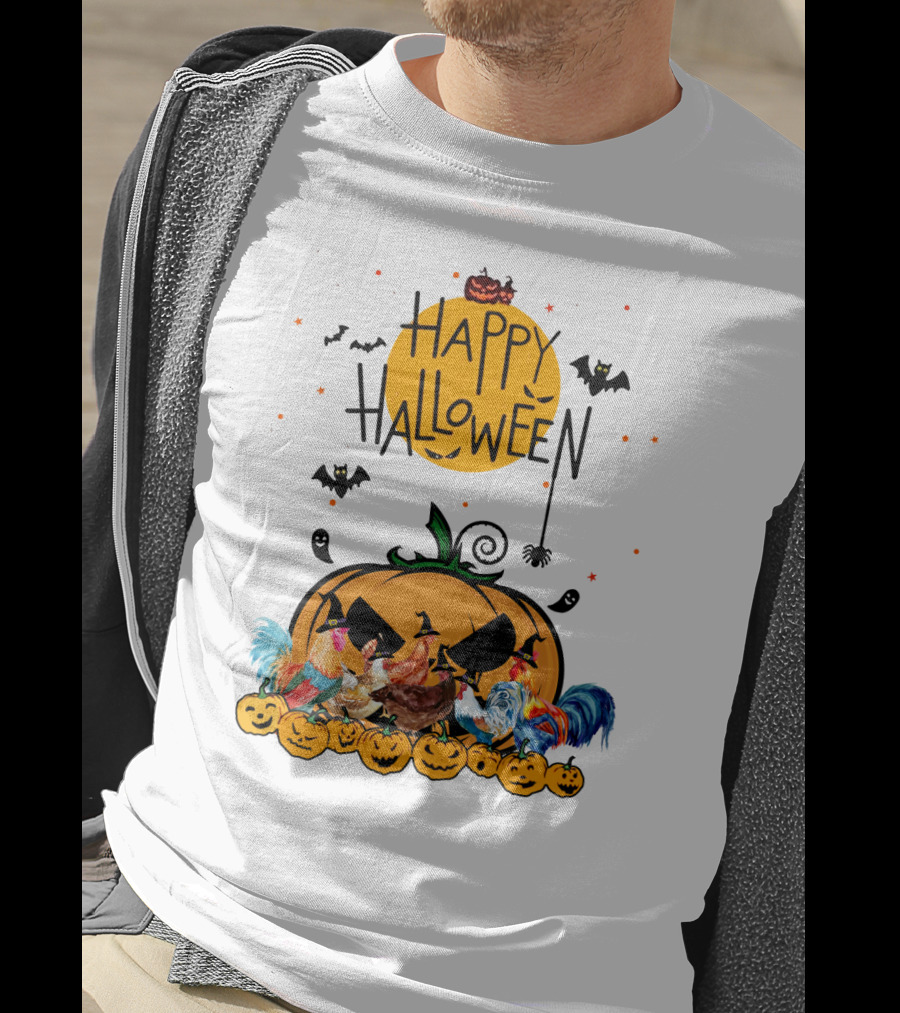 Happy Halloween Chickens With Spooky Pumpkin And Bats T-Shirt