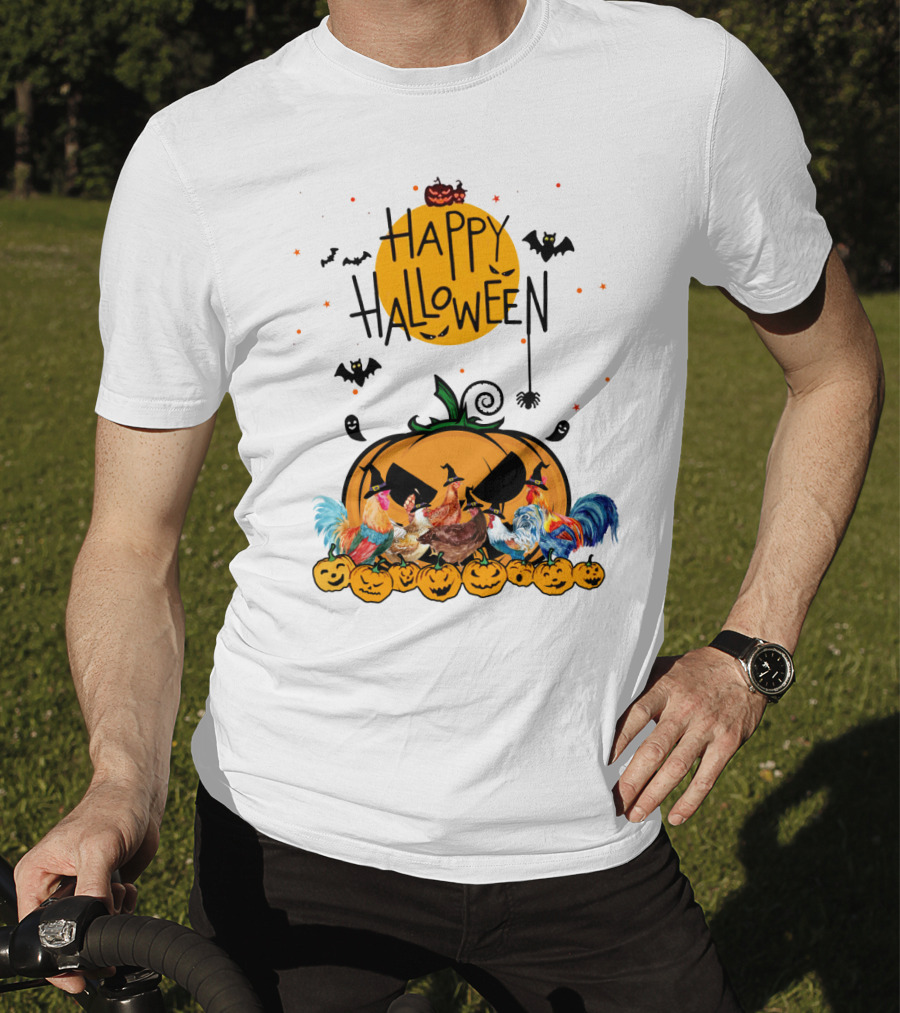 Happy Halloween Chickens With Spooky Pumpkin And Bats T-Shirt