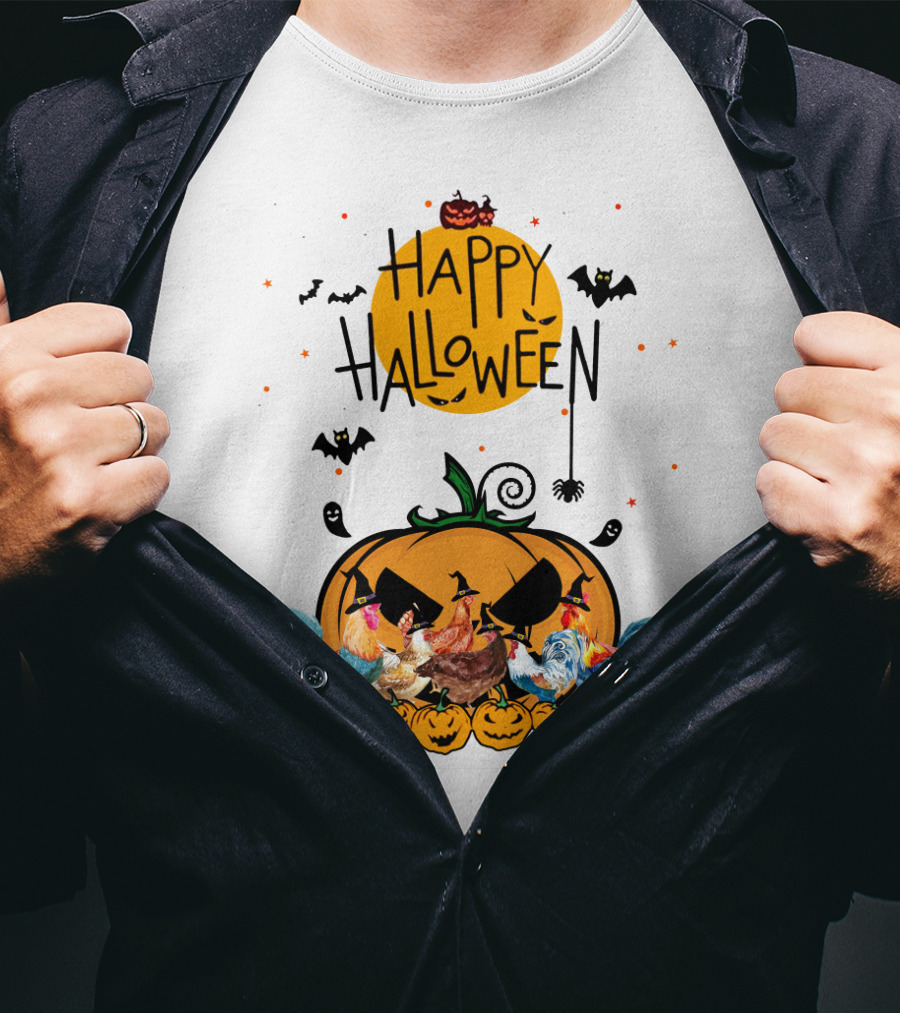 Happy Halloween Chickens With Spooky Pumpkin And Bats T-Shirt