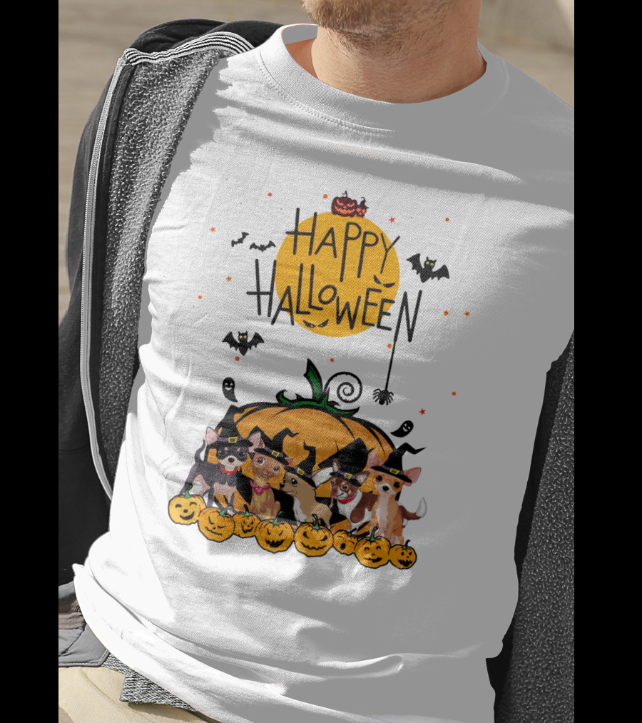 Happy Halloween Chihuahua Witch Pack With Pumpkins And Bats T-Shirt