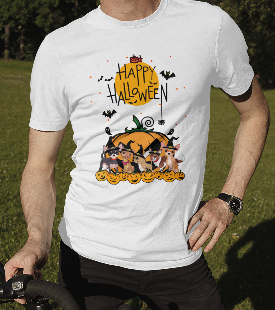 Happy Halloween Chihuahua Witch Pack With Pumpkins And Bats T-Shirt