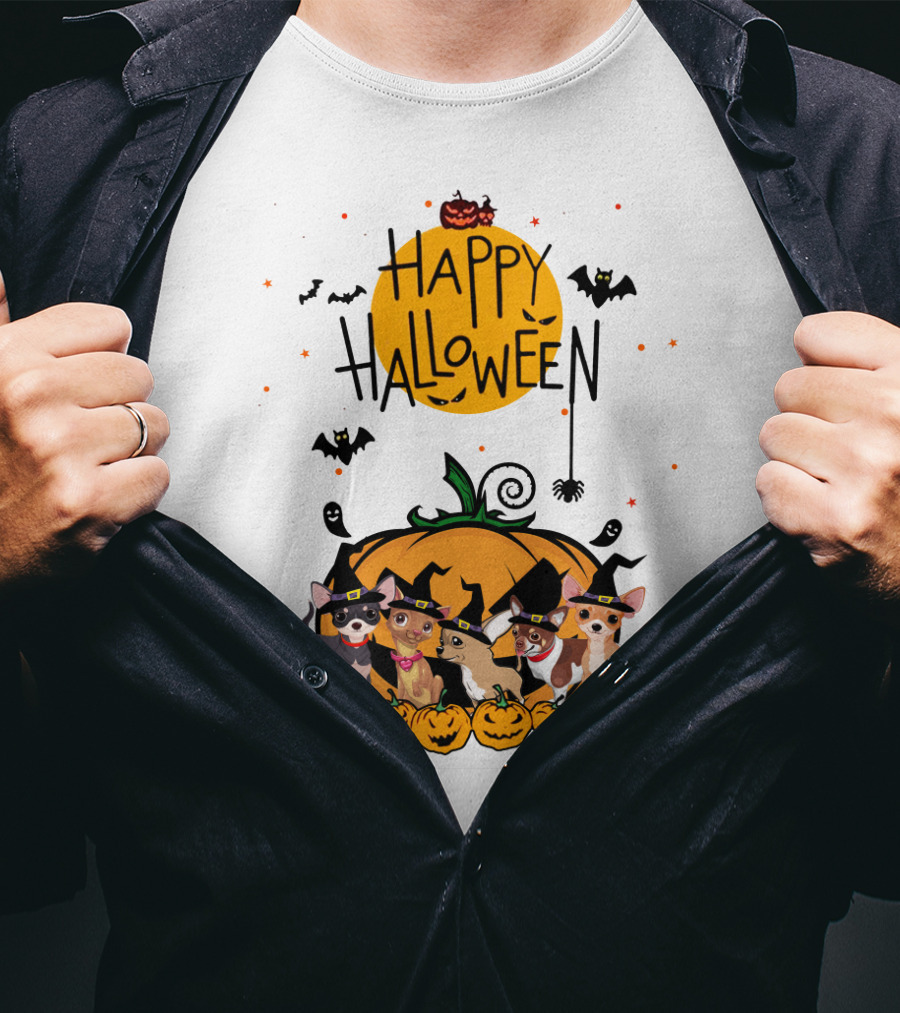 Happy Halloween Chihuahua Witch Pack With Pumpkins And Bats T-Shirt