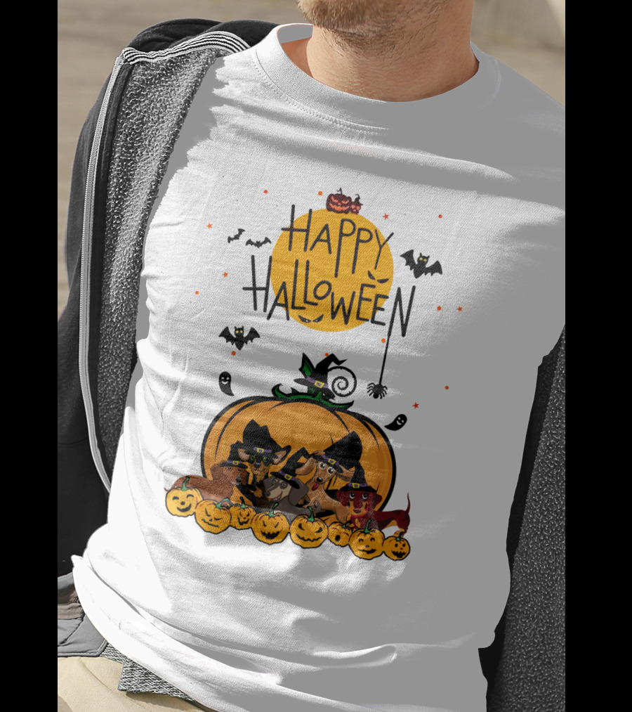 Happy Halloween Dachshunds With Witch Hats And Pumpkins T-Shirt