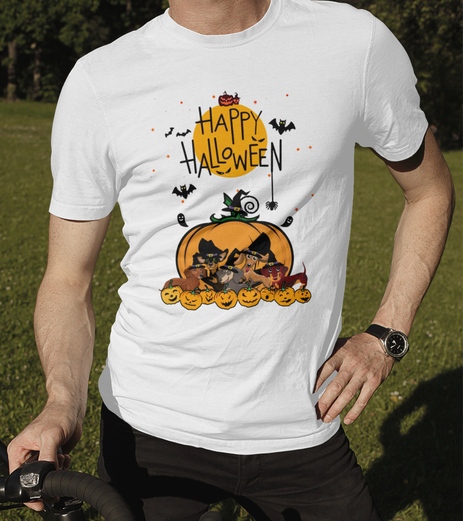 Happy Halloween Dachshunds With Witch Hats And Pumpkins T-Shirt