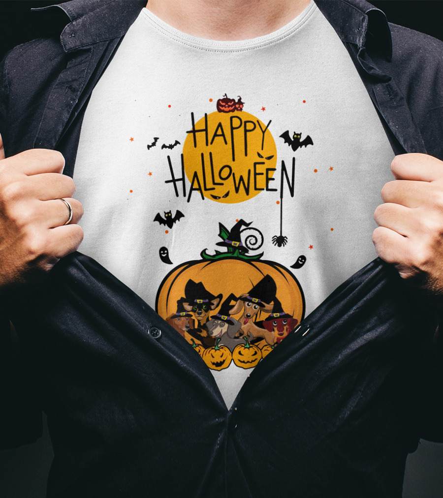 Happy Halloween Dachshunds With Witch Hats And Pumpkins T-Shirt