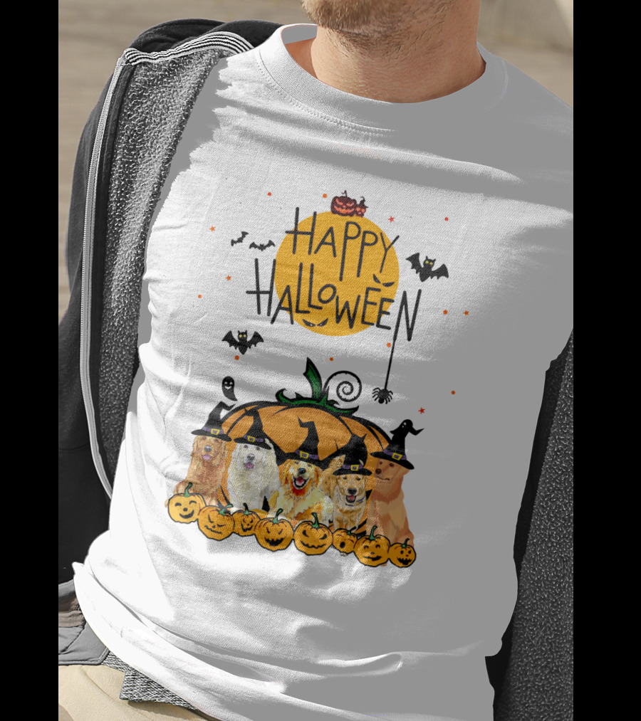 Happy Halloween Golden Retrievers In Witch Hats With Pumpkins T-Shirt