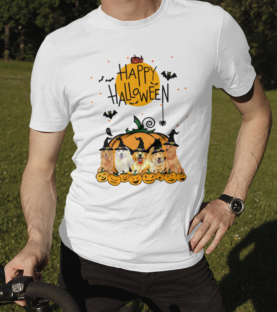 Happy Halloween Golden Retrievers In Witch Hats With Pumpkins T-Shirt