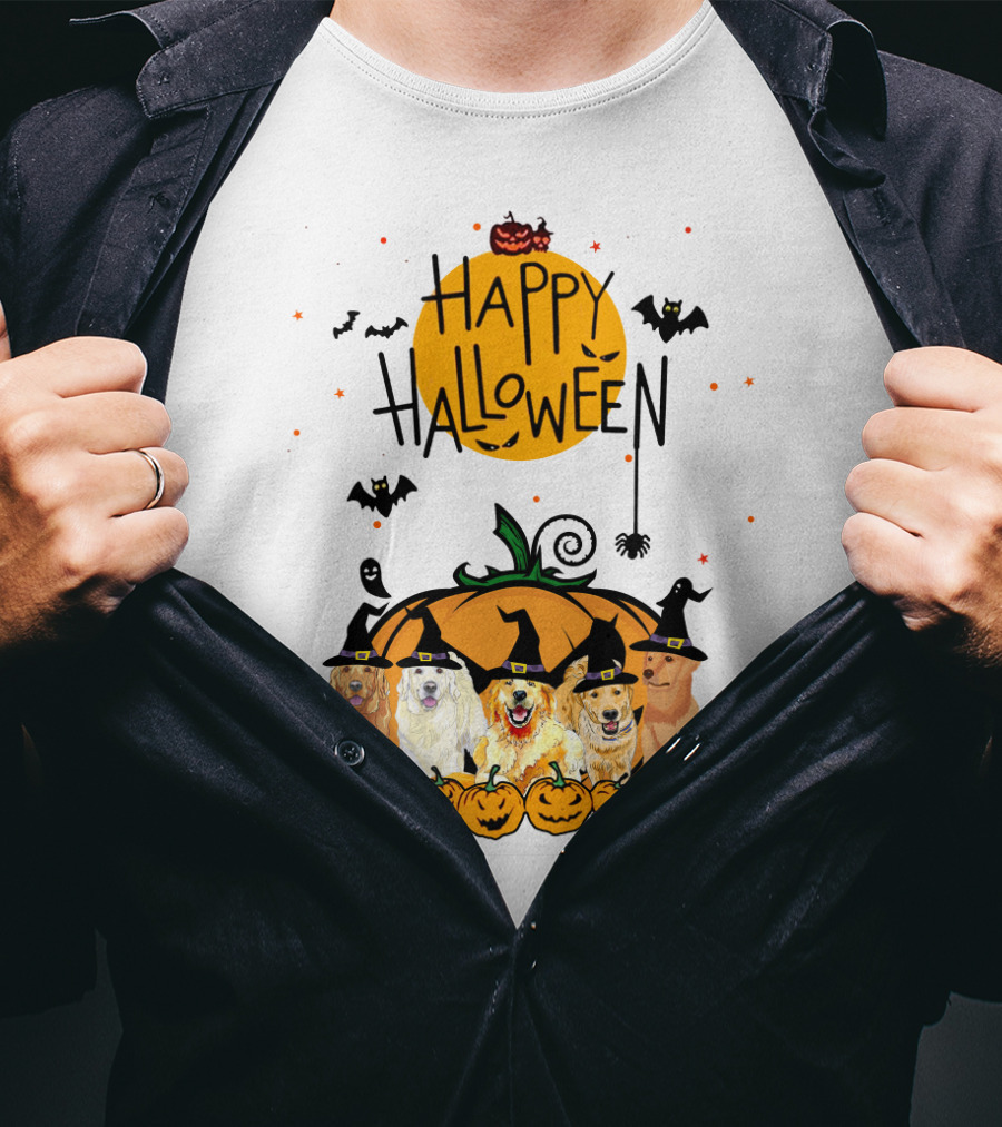 Happy Halloween Golden Retrievers In Witch Hats With Pumpkins T-Shirt