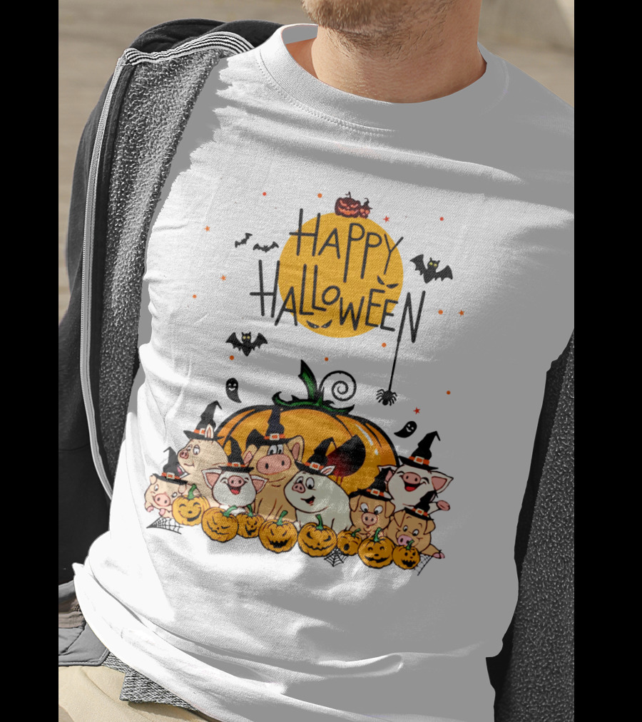 Happy Halloween Pig Pals With Pumpkins And Bats T-Shirt
