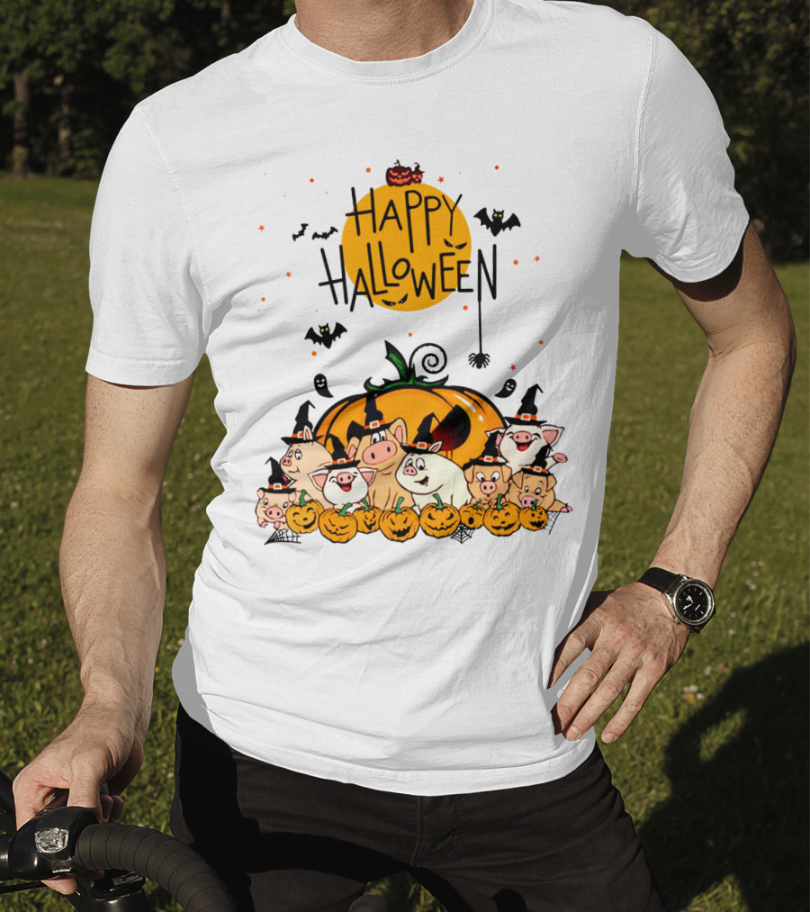 Happy Halloween Pig Pals With Pumpkins And Bats T-Shirt