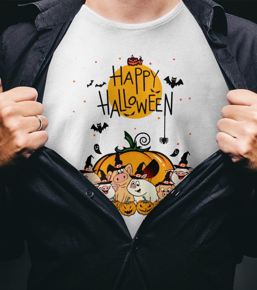 Happy Halloween Pig Pals With Pumpkins And Bats T-Shirt