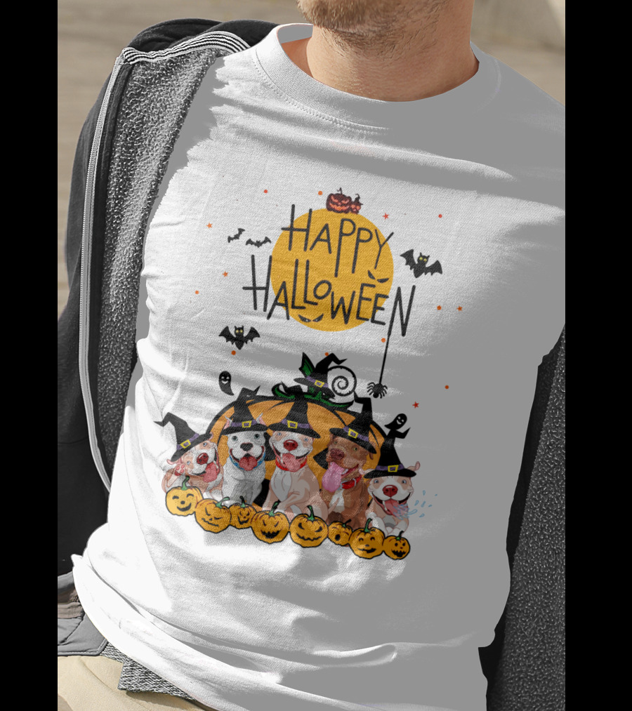 Happy Halloween Pitbulls Witch Hats Pumpkins Bats Ghosts Moon Spooky Dog T-Shirt