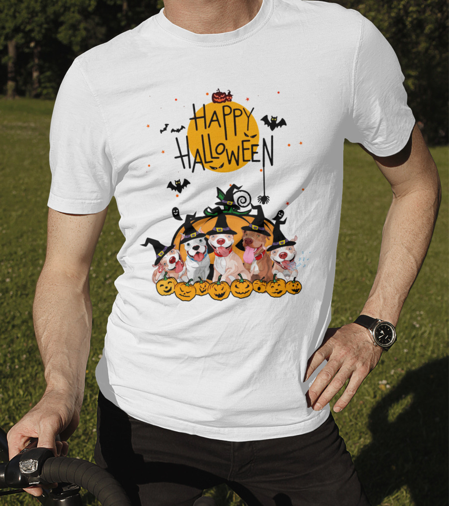 Happy Halloween Pitbulls Witch Hats Pumpkins Bats Ghosts Moon Spooky Dog T-Shirt