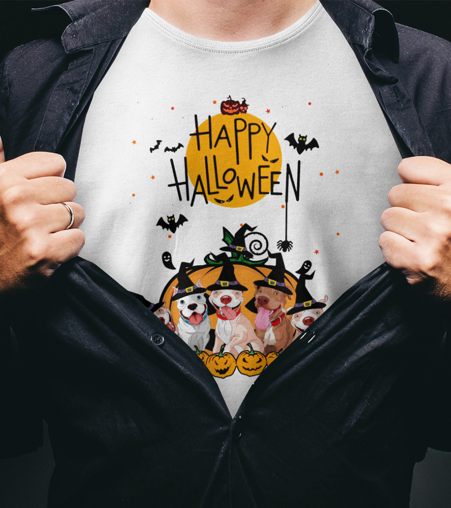 Happy Halloween Pitbulls Witch Hats Pumpkins Bats Ghosts Moon Spooky Dog T-Shirt