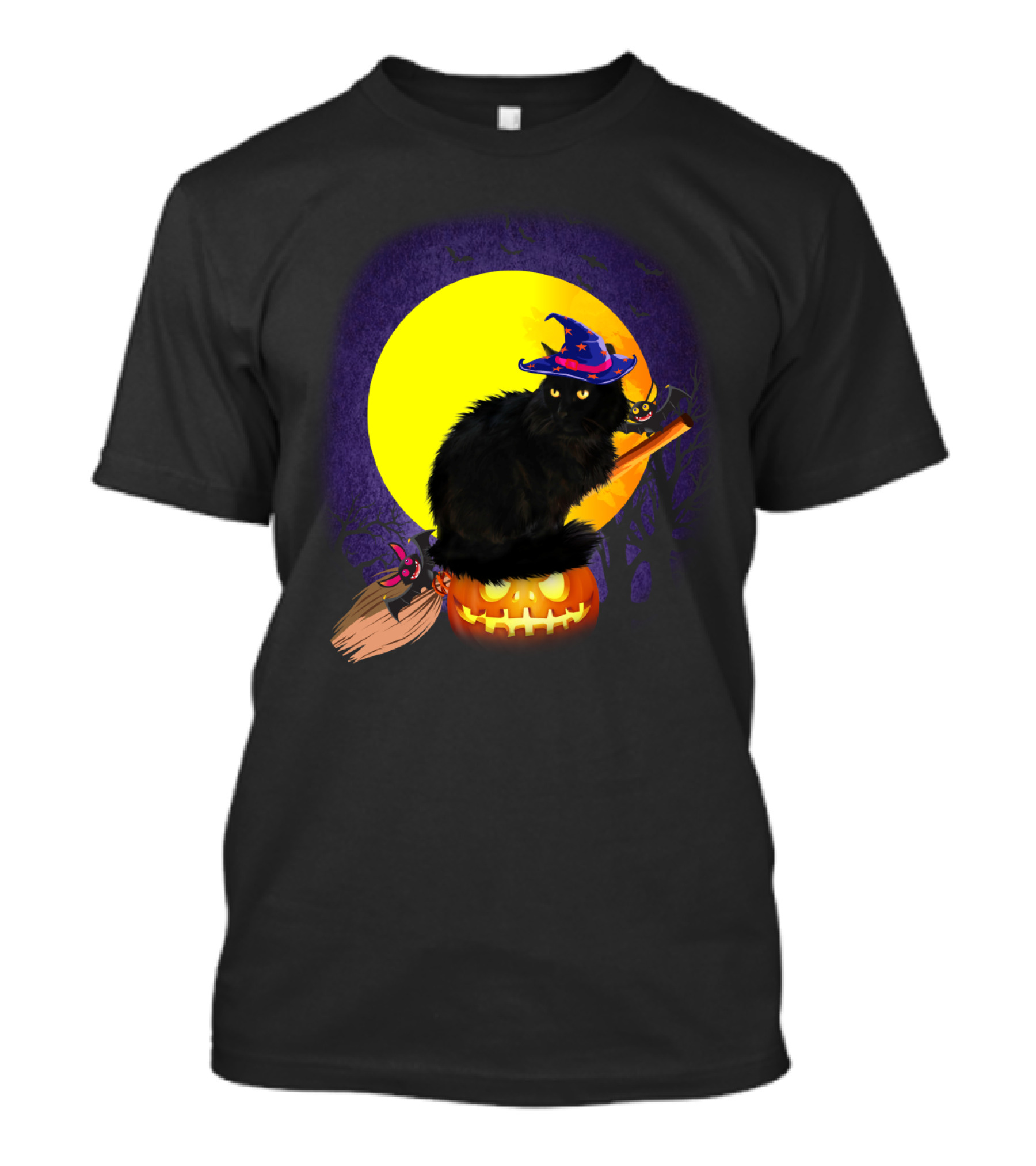 Halloween Cat With Witch Hat On Pumpkin And Broomstick T-Shirt