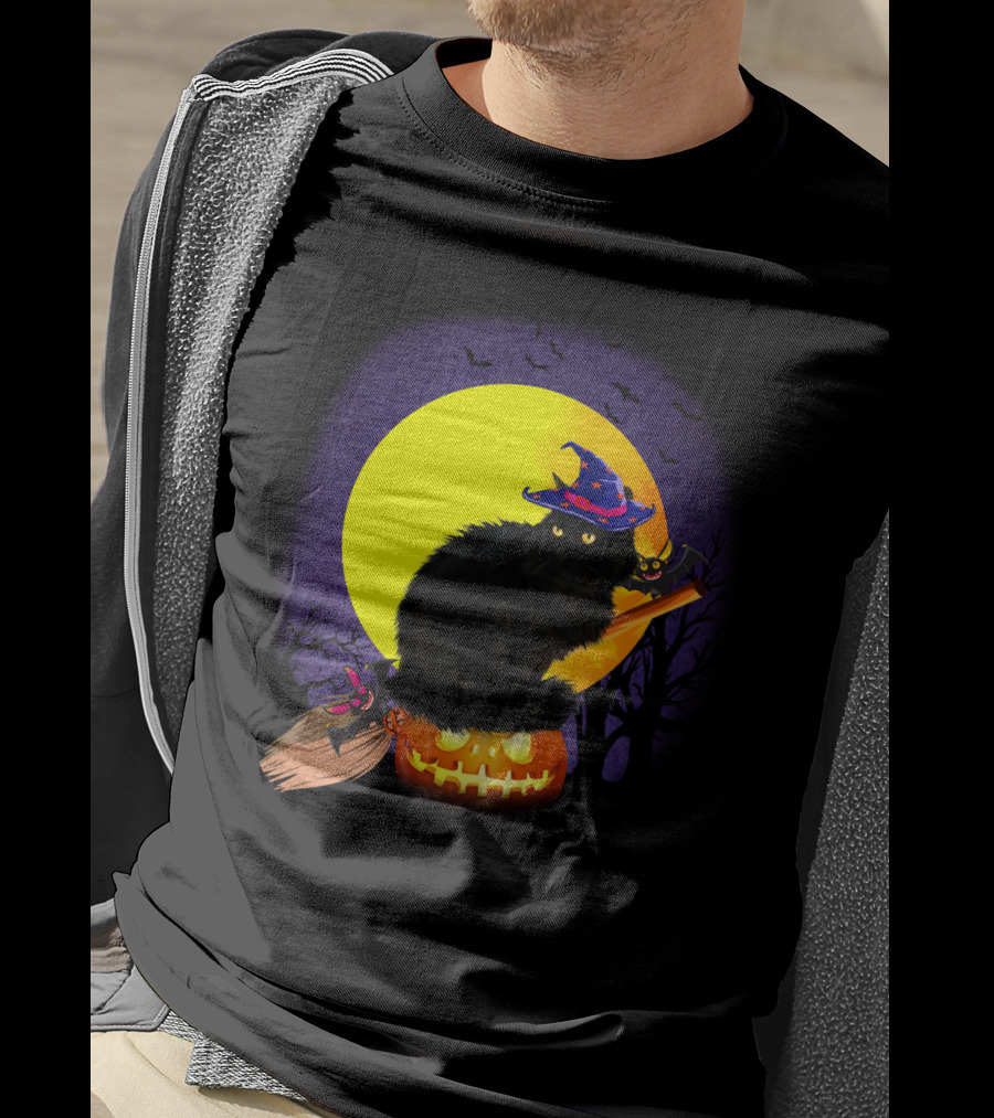 Halloween Cat With Witch Hat On Pumpkin And Broomstick T-Shirt
