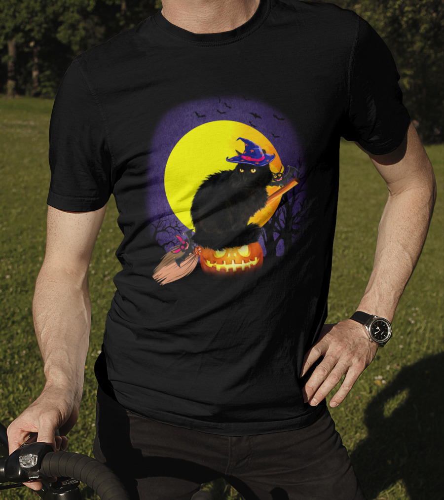 Halloween Cat With Witch Hat On Pumpkin And Broomstick T-Shirt