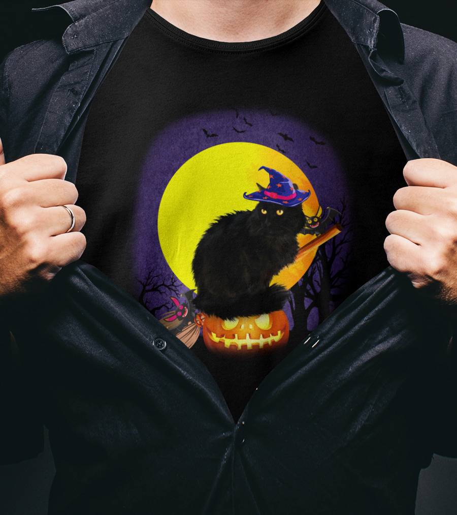 Halloween Cat With Witch Hat On Pumpkin And Broomstick T-Shirt