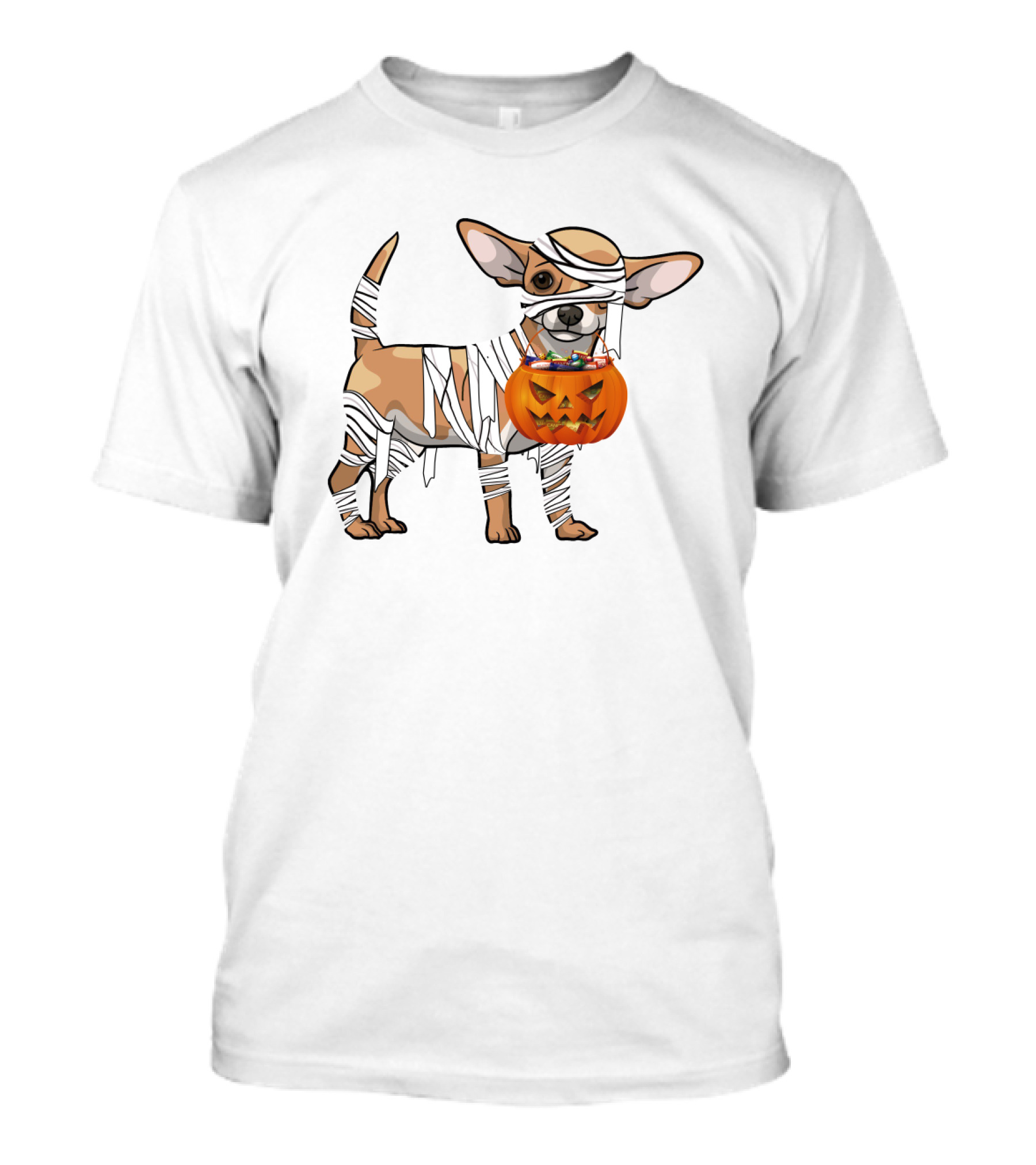 Halloween Wrapped Chihuahua With Pumpkin Bucket T-Shirt