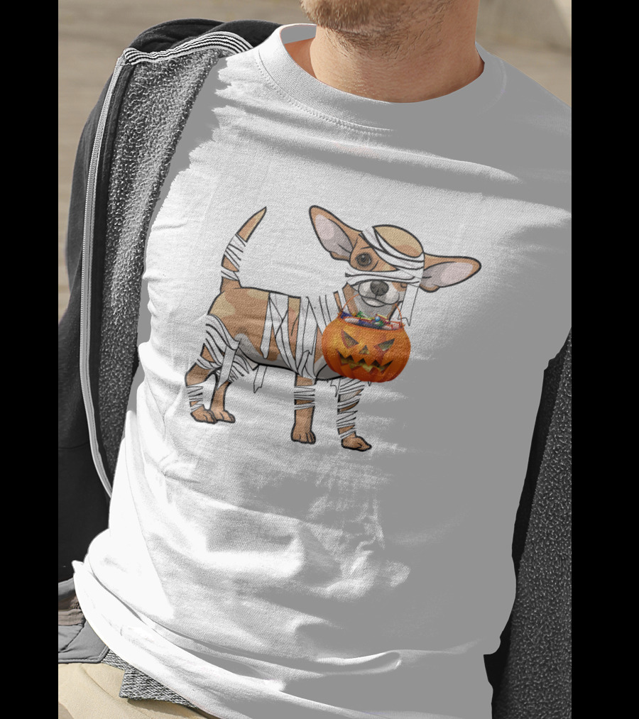 Halloween Wrapped Chihuahua With Pumpkin Bucket T-Shirt