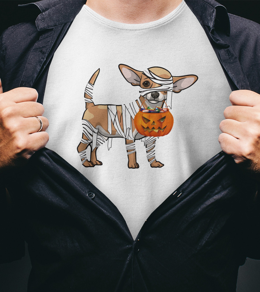 Halloween Wrapped Chihuahua With Pumpkin Bucket T-Shirt