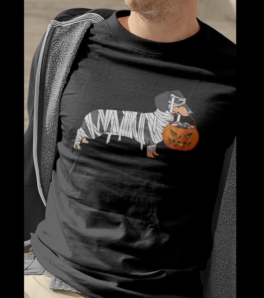 Halloween Pumpkin Mummy Dachshund With Trick-or-Treat Jack-o'-Lantern T-Shirt