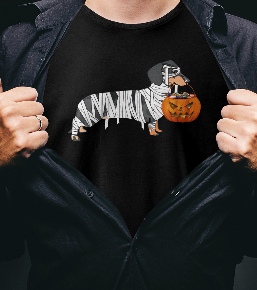Halloween Pumpkin Mummy Dachshund With Trick-or-Treat Jack-o'-Lantern T-Shirt