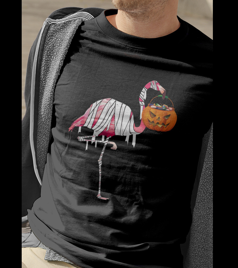 Halloween Pumpkin Mummy Flamingo Holding Candy Jack-o'-Lantern T-Shirt