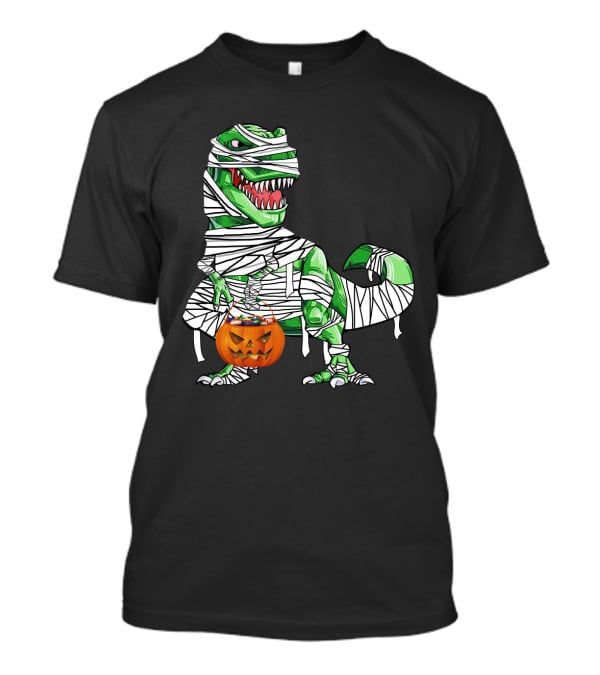 Halloween Pumpkin Mummy Dinosaur With Candy Bucket T-Shirt