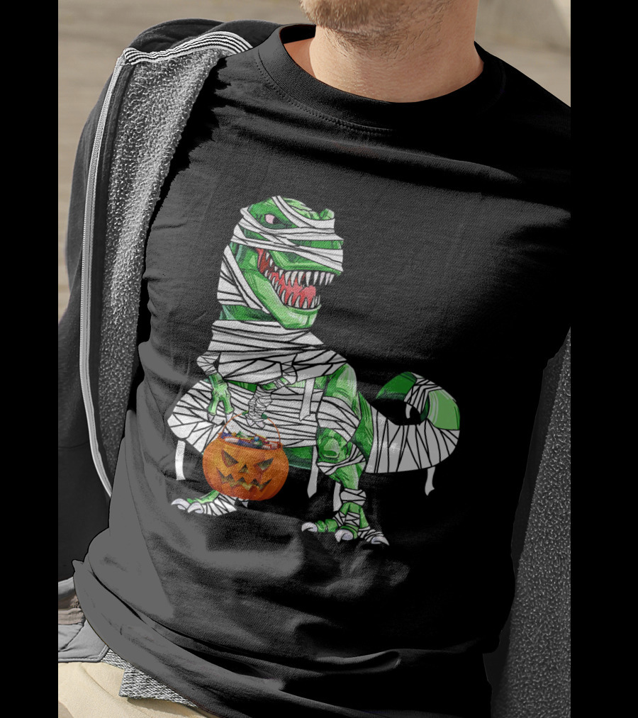 Halloween Pumpkin Mummy Dinosaur With Candy Bucket T-Shirt