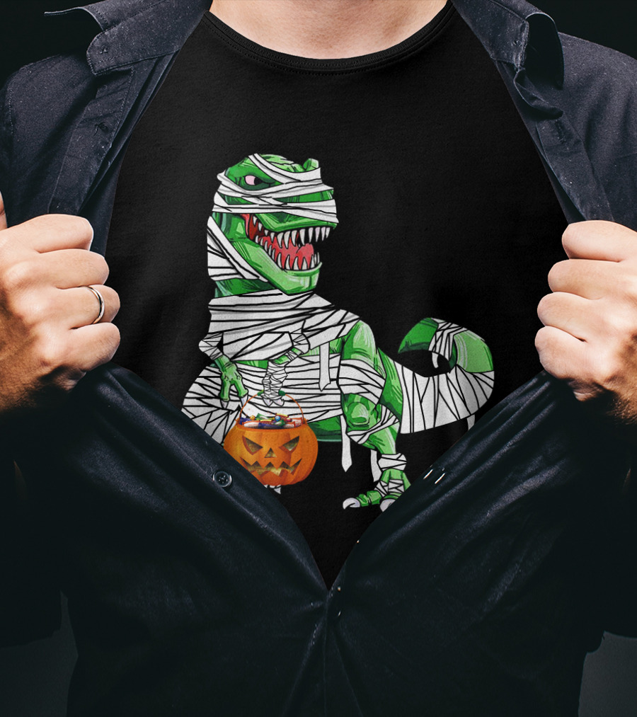 Halloween Pumpkin Mummy Dinosaur With Candy Bucket T-Shirt