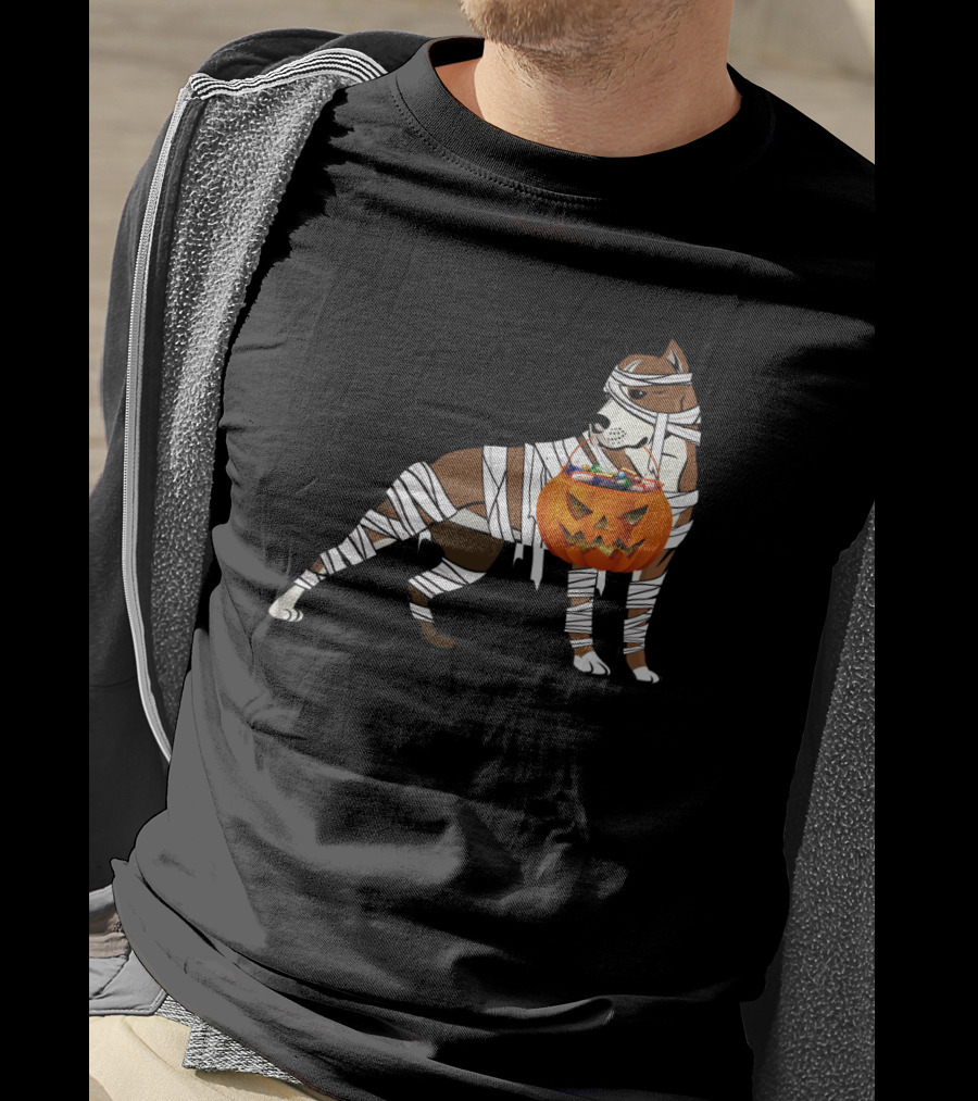 Halloween Mummy Wrapped Pitbull With Jack-O'-Lantern Pumpkin Basket T-Shirt