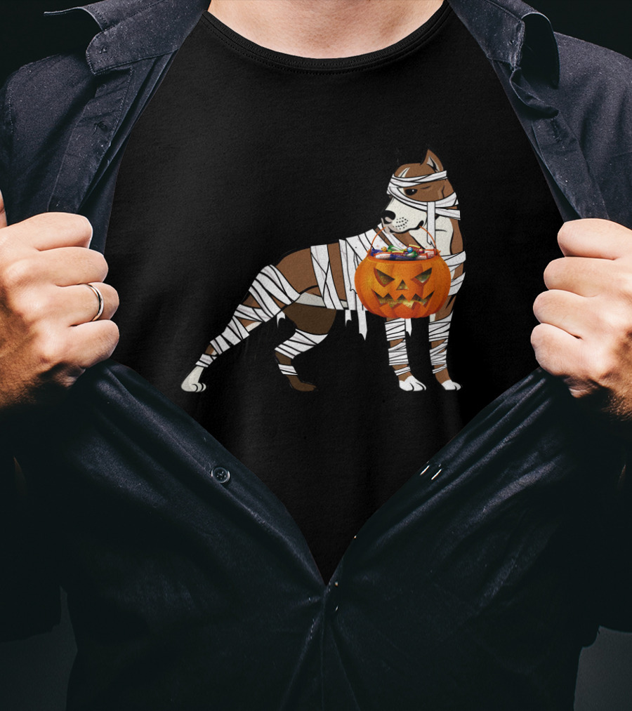 Halloween Mummy Wrapped Pitbull With Jack-O'-Lantern Pumpkin Basket T-Shirt