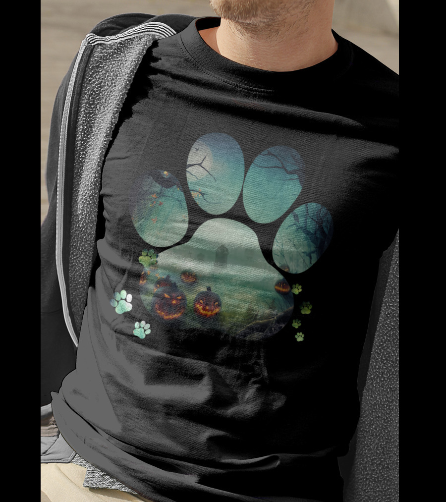 Halloween Paw Print With Spooky Jack-O-Lanterns In Haunted Forest T-Shirt
