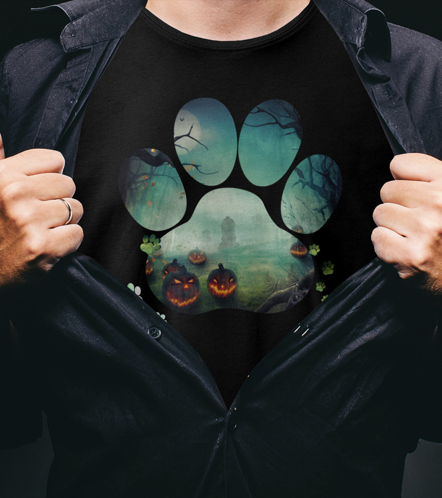 Halloween Paw Print With Spooky Jack-O-Lanterns In Haunted Forest T-Shirt