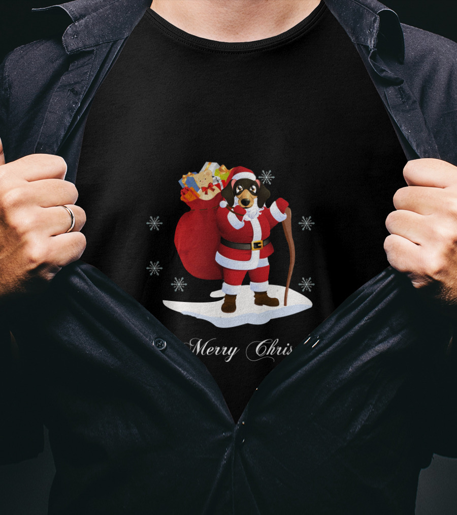 Santa Dachshund With Gifts And Snowflakes For A Merry Christmas T-Shirt