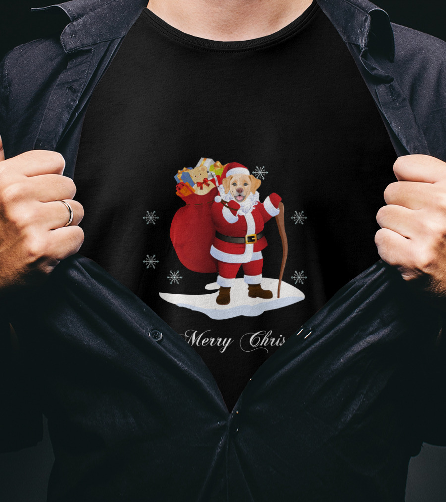 Golden Retriever Santa With Sack Of Gifts And Snowflakes A Merry Christmas T-Shirt