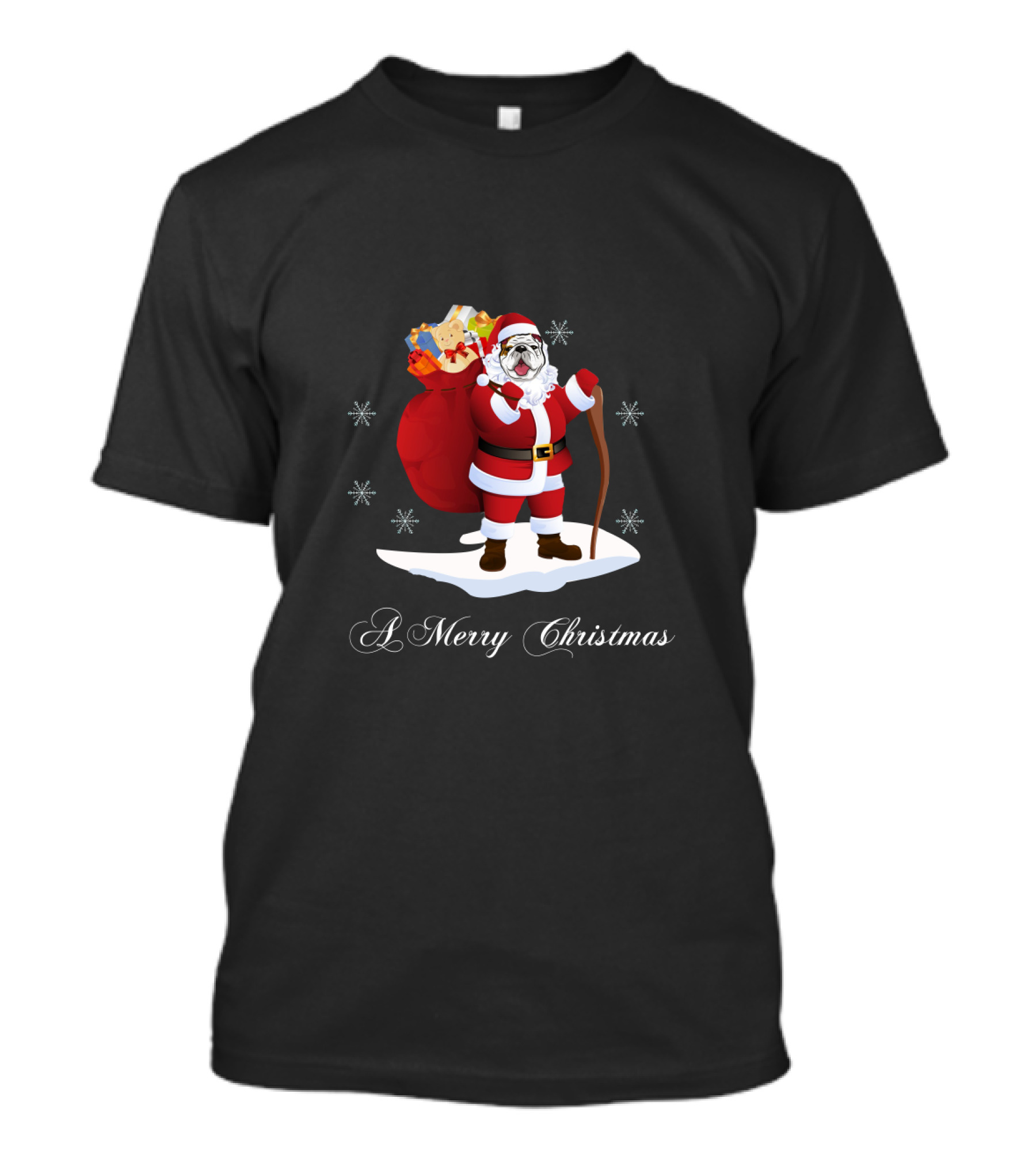 A Merry Christmas Bulldog Santa With Gifts And Snowflakes T-Shirt
