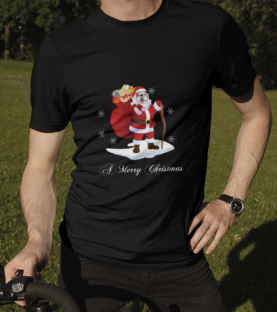 A Merry Christmas Bulldog Santa With Gifts And Snowflakes T-Shirt