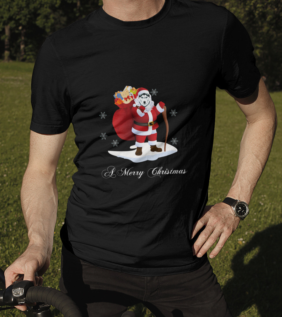 Santa Husky With Gift Sack And Snowflakes 'A Merry Christmas' T-Shirt