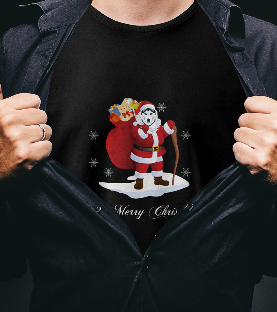 Santa Husky With Gift Sack And Snowflakes 'A Merry Christmas' T-Shirt