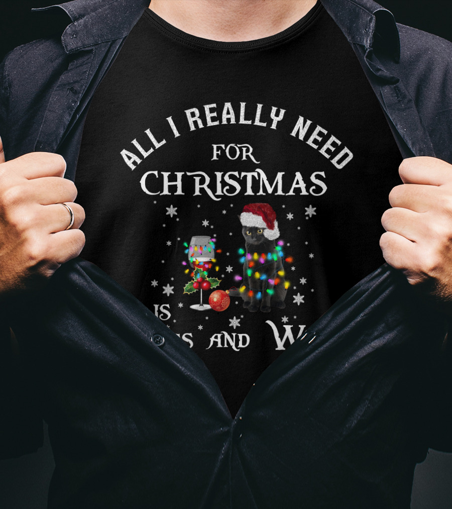 All I Really Need For Christmas Is Cats With Santa Hats And Wine Glasses T-Shirt