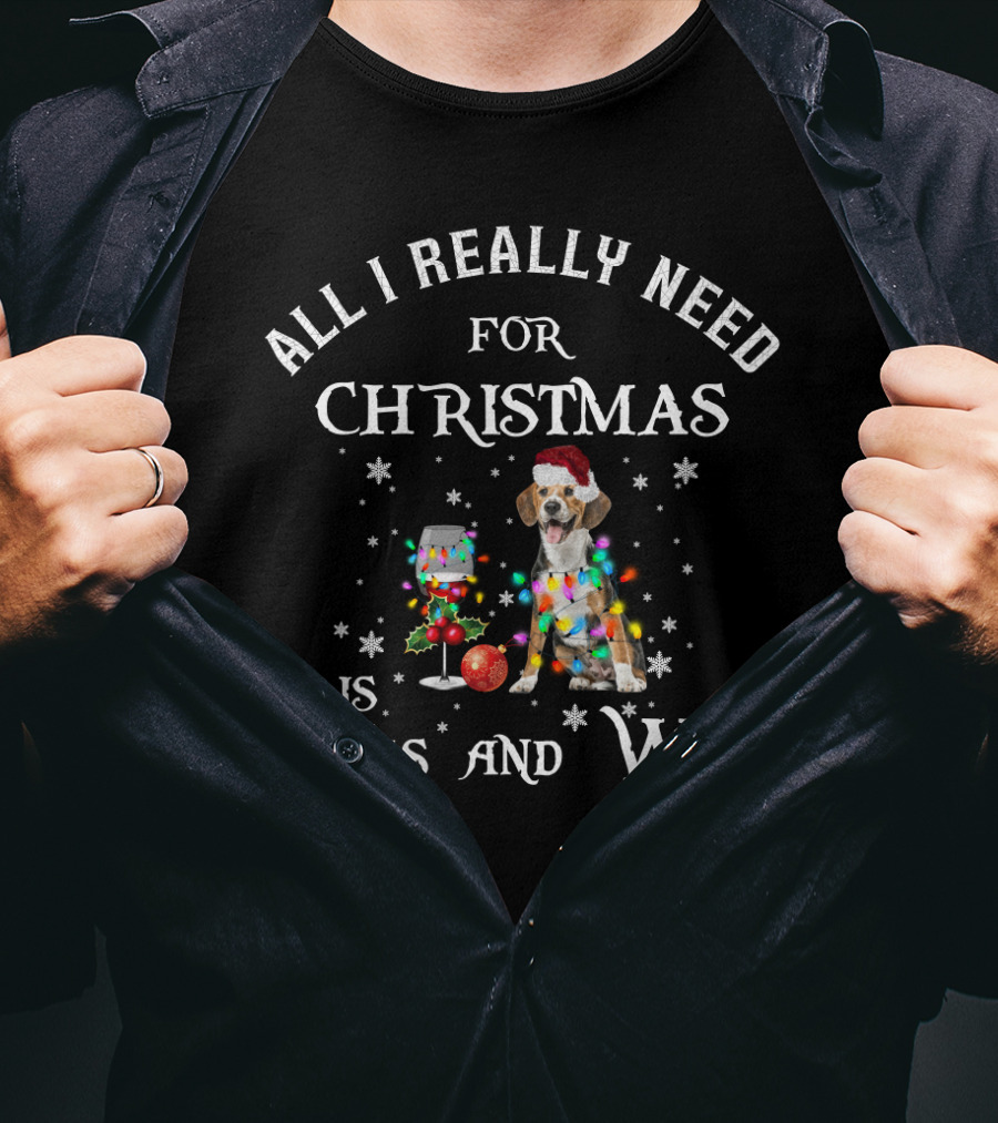 All I Really Need For Christmas Is Dogs And Wine Beagle Holiday Lights Santa Hat T-Shirt