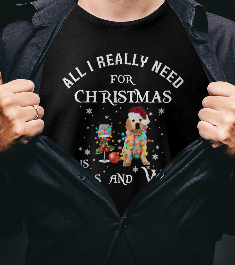 All I Really Need For Christmas Is Dogs And Wine With Golden Retriever In Festive Lights And Santa Hat T-Shirt