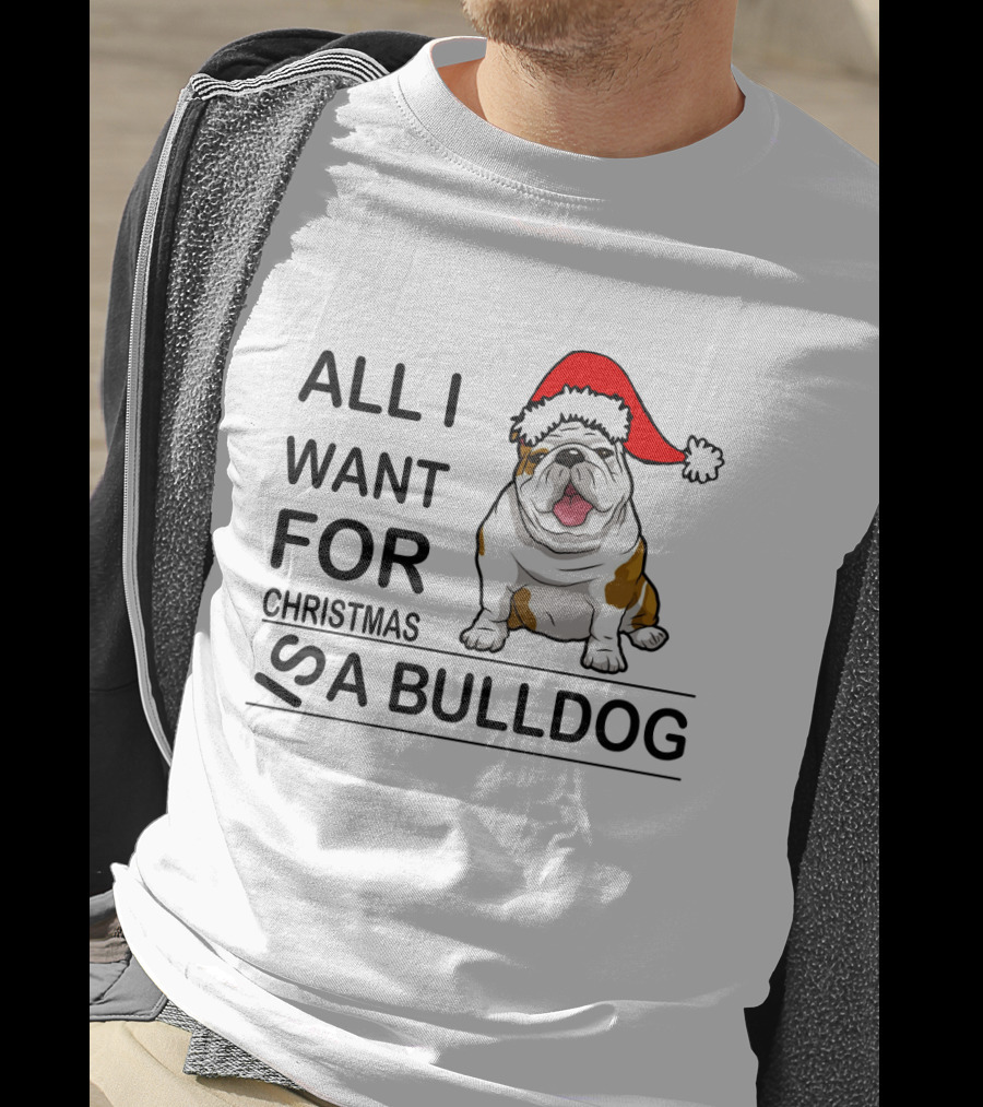 All I Want For Christmas Is A Bulldog With Santa Hat Iconic Festive Dog Lover's Phrase T-Shirt
