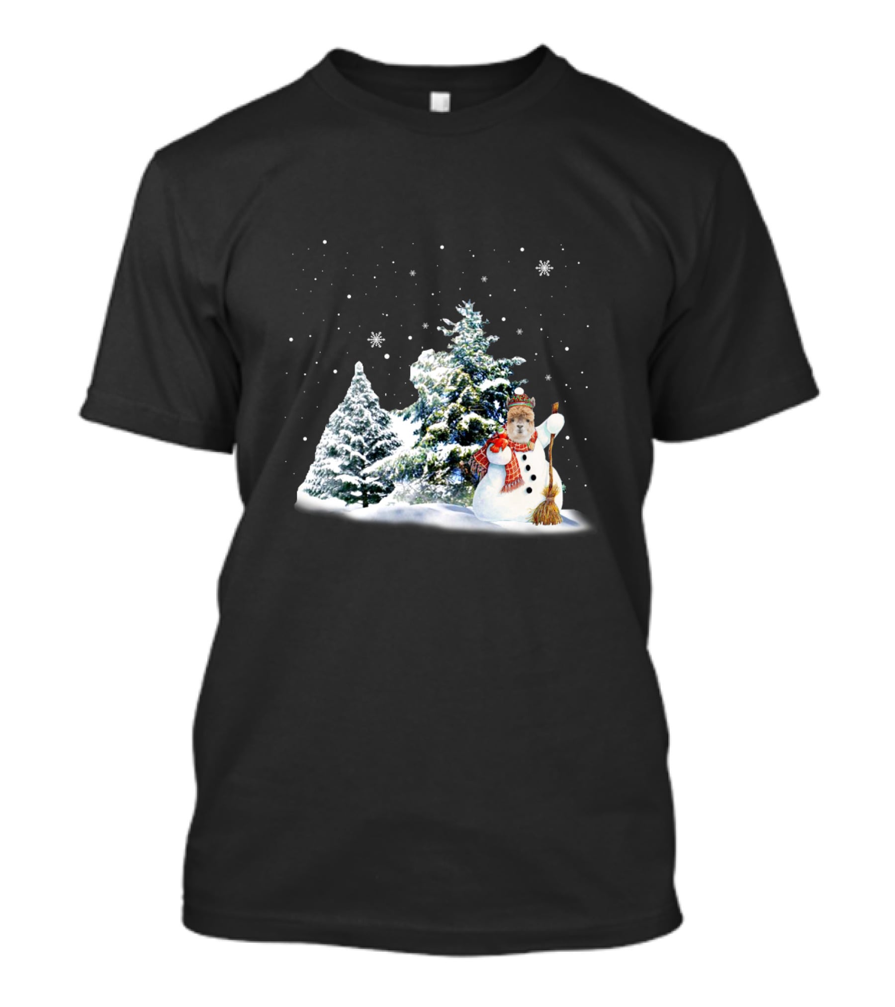 Alpaca Snowman In Winter Forest With Falling Snowflakes T-Shirt