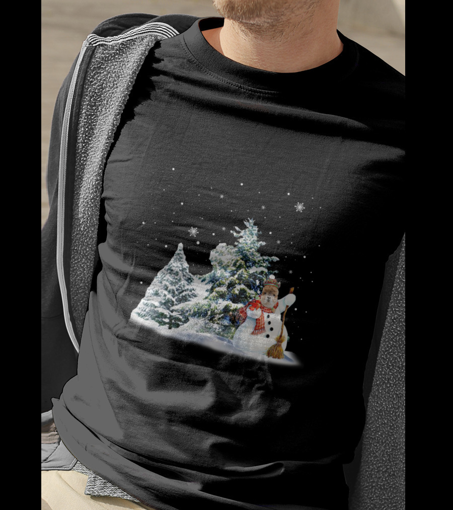 Alpaca Snowman In Winter Forest With Falling Snowflakes T-Shirt