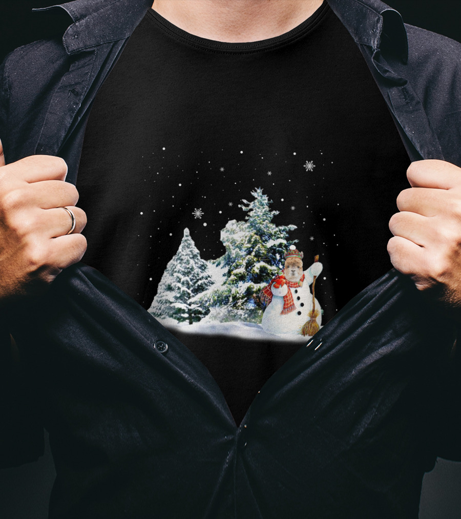 Alpaca Snowman In Winter Forest With Falling Snowflakes T-Shirt